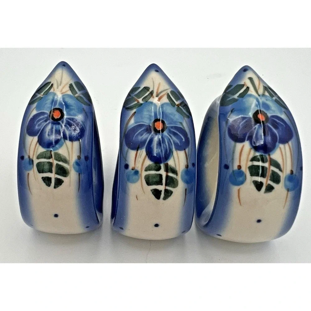 3 Kalich Poland Polish Hand Painted Napkin Rings Blue Floral Porcelain New